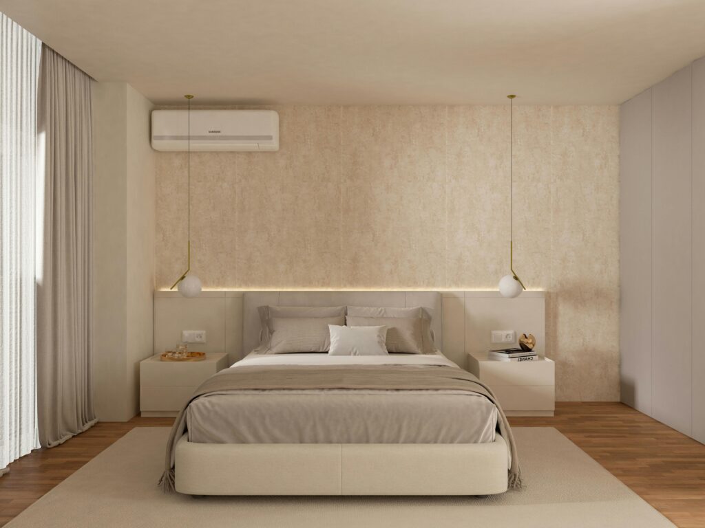 A modern minimalist bedroom with a double bed, soft lighting, and stylish decor.